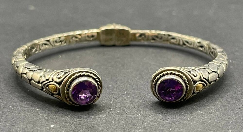 925 Sterling Silver 14K Bali JTV Open Cuff Bracelet Amethyst Gemstone Textured